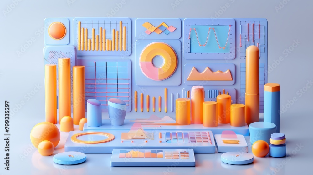 Poster 3d render of a dashboard with charts and graphs