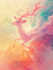 A running fairy deer is surrounded by colorful auspicious clouds. The mysterious pattern reflects transparent rainbow colors, using extremely delicate brushstrokes, soft and smooth, and a pink gradien