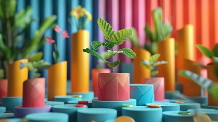 3D render of a colorful plant in a pot with a rainbow background