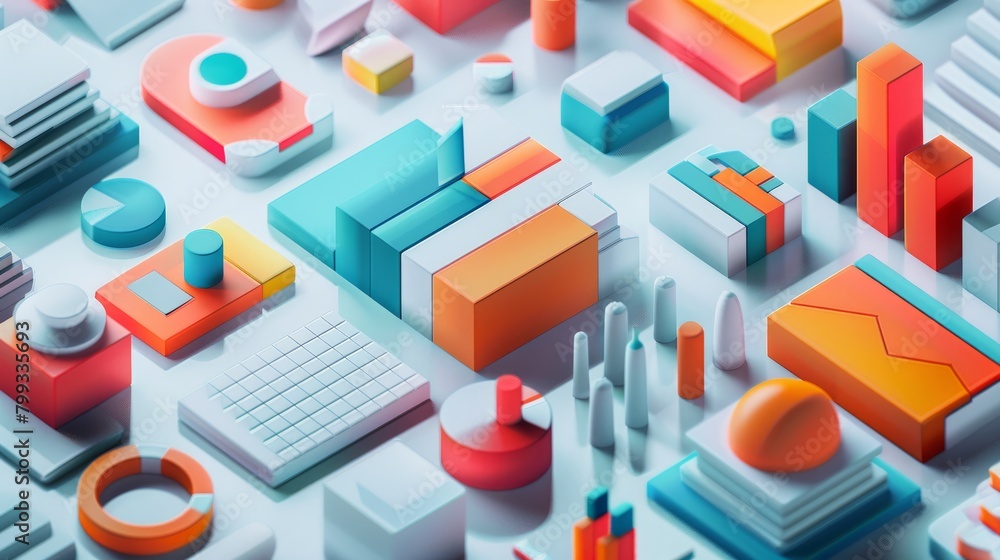 Poster 3d render of an abstract geometric landscape with charts and graphs.
