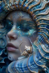 Enchanting Undersea Fantasy: Woman Embellished with Ornate Shells and Gold Accents - obrazy, fototapety, plakaty