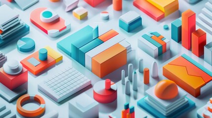 Obraz premium 3d render of an abstract geometric landscape with charts and graphs.