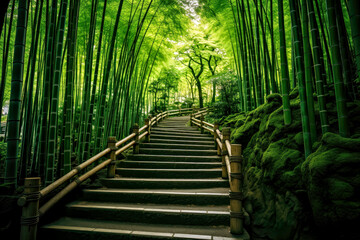 Fototapeta premium Stairwell with railings rising through a green bamboo forest in the morning light, peaceful zen grove