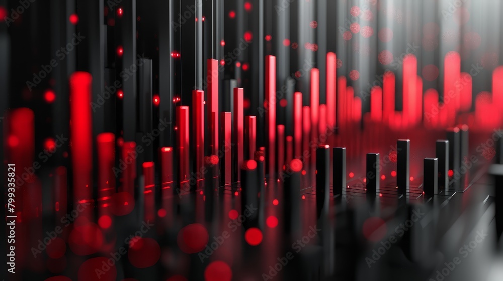 Poster 3d render of red and black glossy columns of different heights against a black background with red g