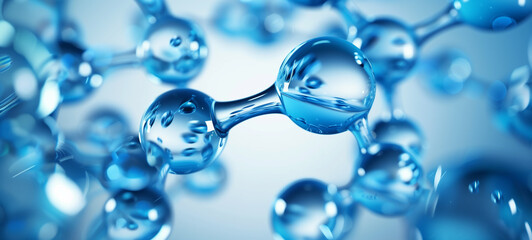 A close-up of water molecules, each one in clear blue color with visible structures and details,...