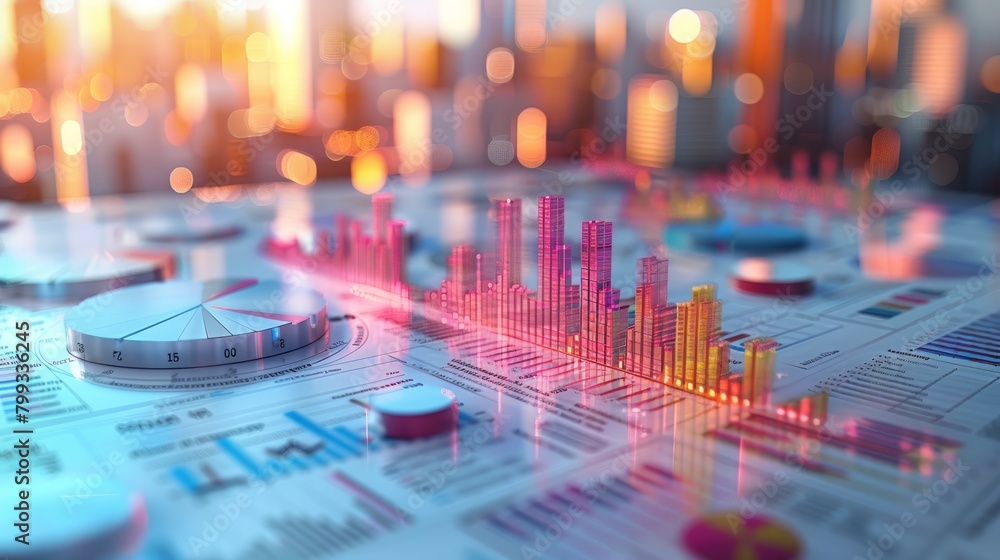 Poster 3d rendering of graphs and charts with glowing red and blue elements