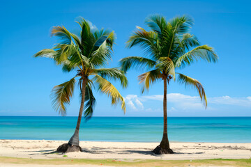 Two palm tree stands tall on sandy beach under a clear blue sky.