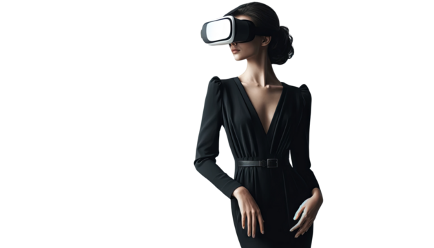 Chic woman in black dress and VR headset represents the merge of high fashion with virtual reality.