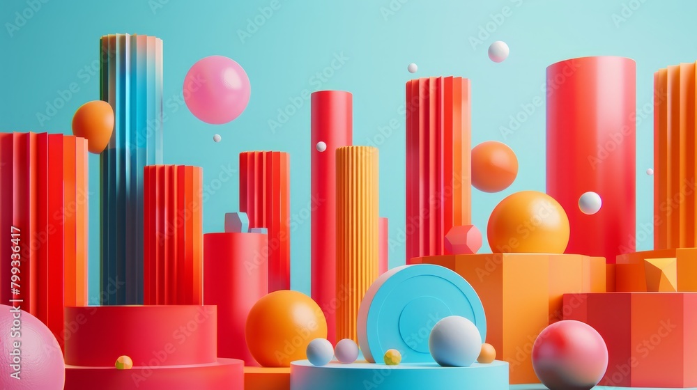 Aufkleber a 3d render of a colorful abstract landscape with floating spheres and geometric shapes in bright pa