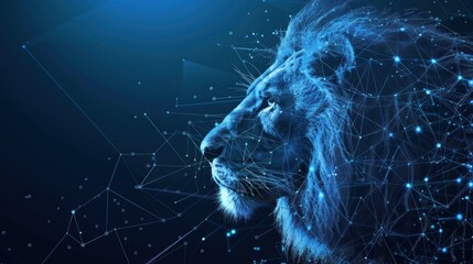 Abstract digital lion , lines and connected dots. King of beasts. Technology wild concept. Low Poly Wireframe 3D illustration
