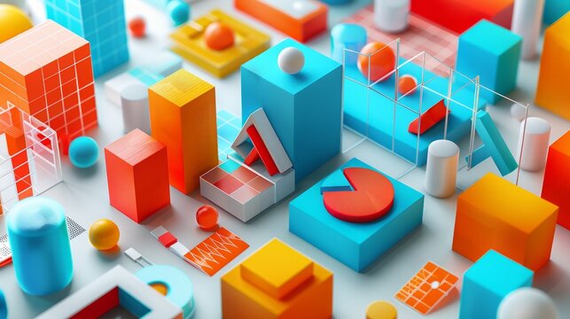 A 3D render of a colorful geometric landscape with various shapes and colors.