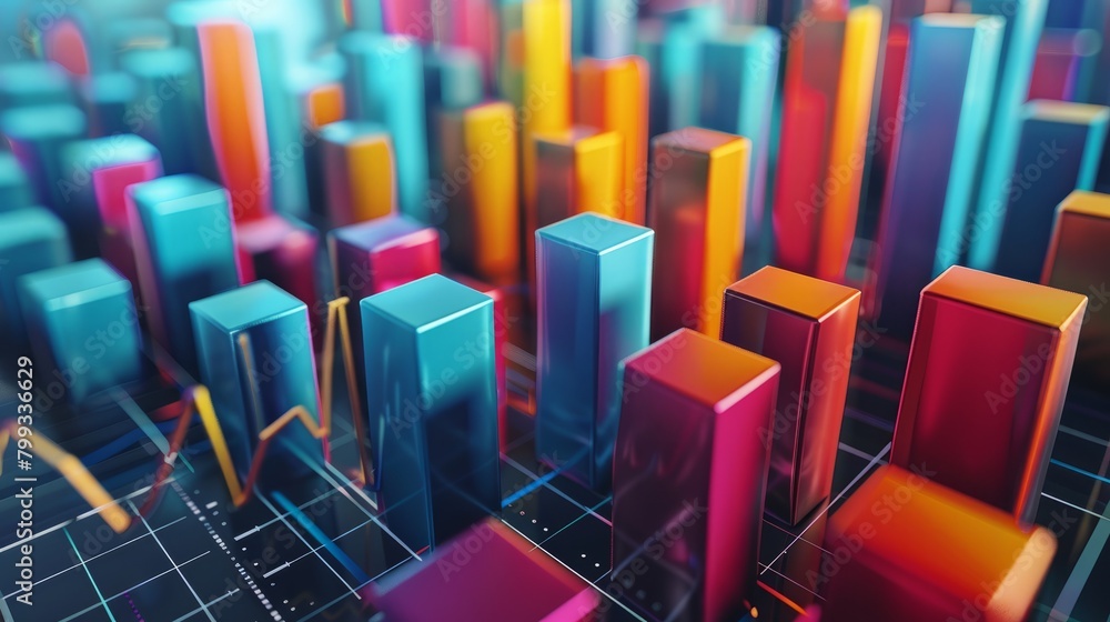 Poster a 3d rendering of a bar graph with the bars arranged in a staggered pattern and lit with bright, col