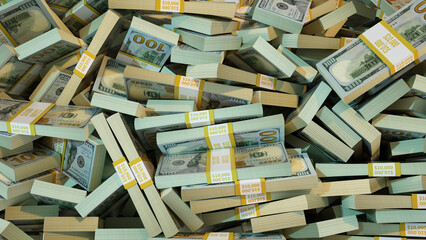 3D rendering of pile of stacks of 100 us dollar notes spread on screen surface. money dollars background