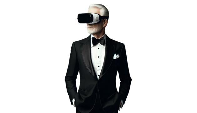 Senior man in tuxedo with VR, blending timeless elegance with futuristic technology.