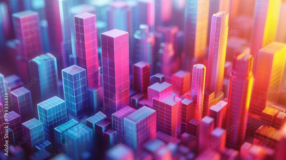 Poster a 3d rendering of a city made of blocks with bright neon colors.