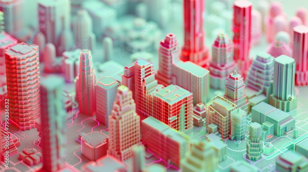 Poster a 3d rendering of a city made of blocks with glowing lines on the buildings.