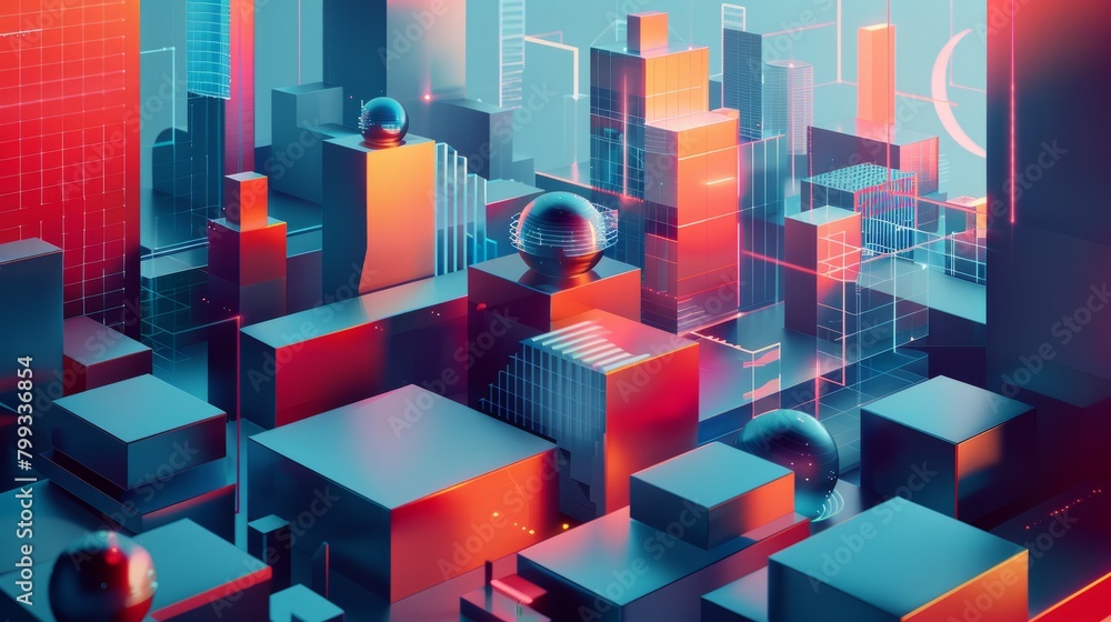 Poster a 3d rendering of a city made of blue and red blocks with glowing white spheres on some of the block