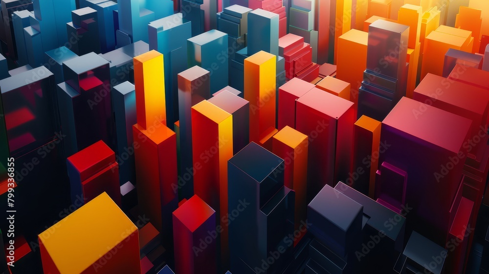 Poster a 3d rendering of a city made of colorful blocks