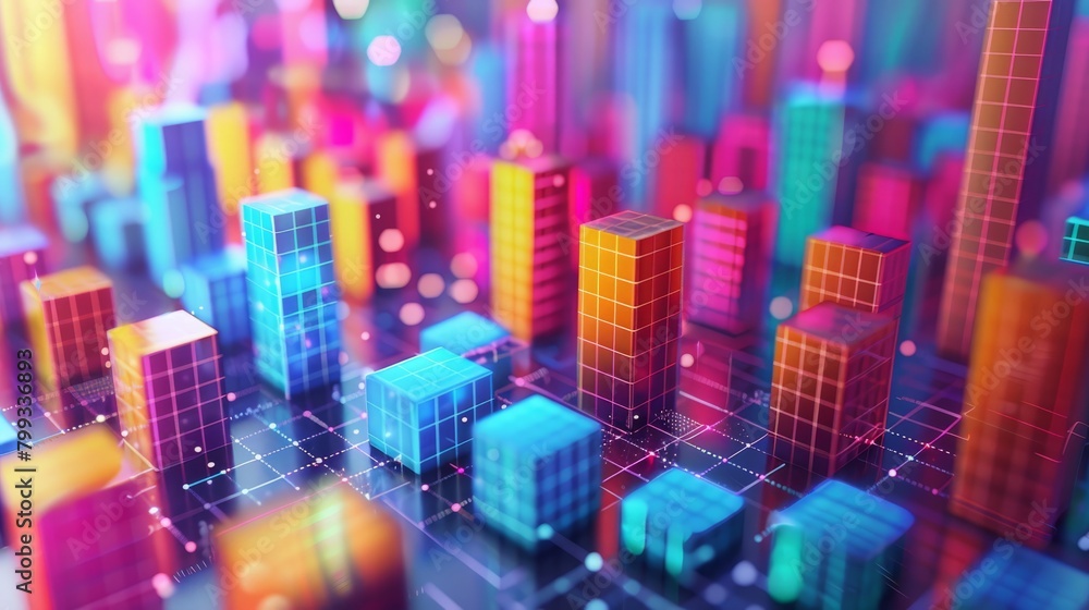 Poster a 3d rendering of a city made of colorful blocks.
