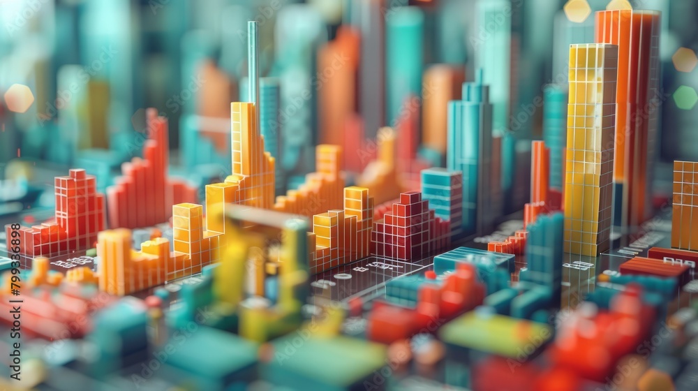 Poster a 3d rendering of a city made of colorful blocks.