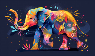 abstract illustration of an elephant in childish style, logo for t-shirt print