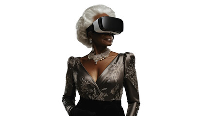 African American woman in VR headset, elegant fusion of tech and glamour