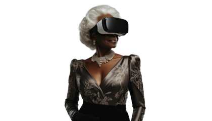 African American woman in VR headset, elegant fusion of tech and glamour