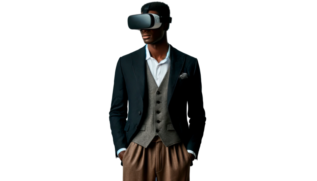 Stylish African American man in VR gear, where modern tech meets classic fashion