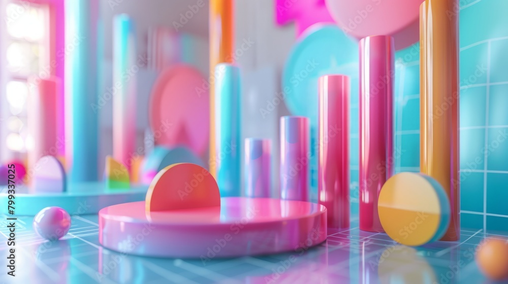 Poster a 3d rendering of a colorful abstract scene with geometric shapes and pastel colors.
