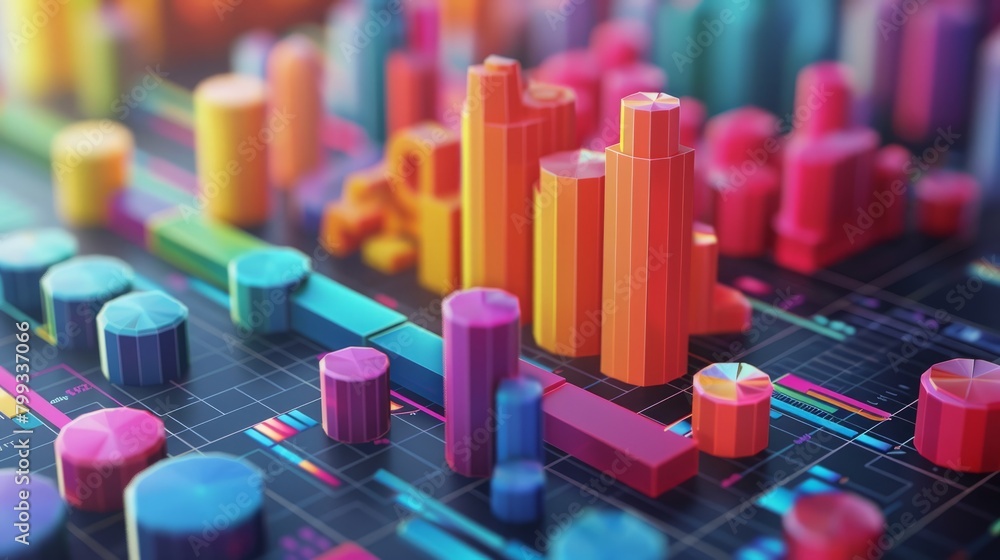 Poster a 3d rendering of a colorful city made of geometric shapes.