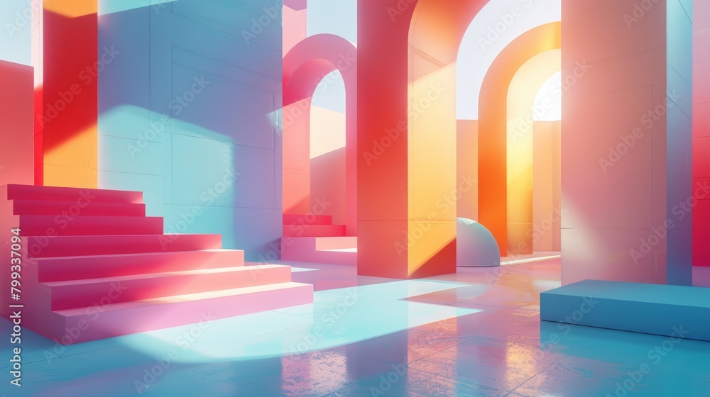 Poster a 3d rendering of a colorful geometric structure with arches and stairs.