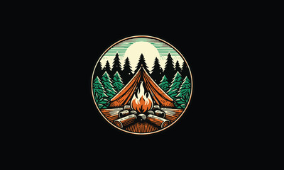 Adventure logo with outdoor, campfire, tent trees, forest, mountain cloud, sky design 