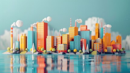 A 3D rendering of a city with colorful buildings and factories on a blue background.
