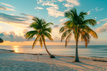 Two palm tree stands tall on sandy beach during sunset