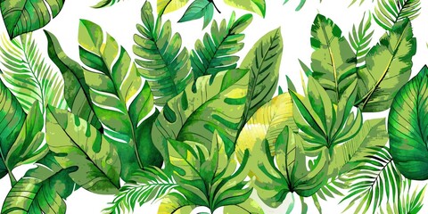 Seamless pattern, Lush tropical leaves in various shades of green form a thick and vibrant jungle pattern. Copy space. AI generated. - obrazy, fototapety, plakaty