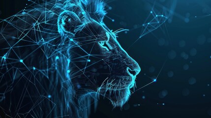 Abstract digital lion , lines and connected dots. King of beasts. Technology wild concept. Low Poly Wireframe 3D illustration