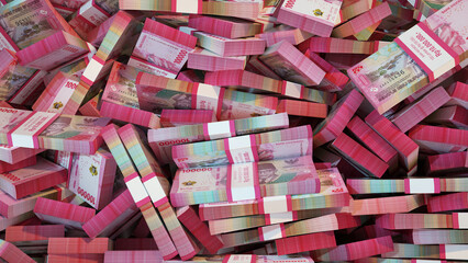 3D rendering of pile of stacks of Indonesian rupiah notes spread on screen surface. money rupiahs background