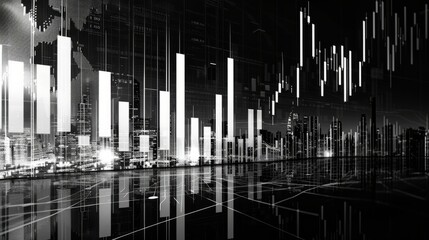 A black and white cityscape with a glowing grid of financial data in the foreground.