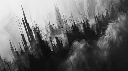 A black and white drawing of a ruined city