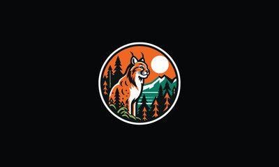 Bobcat design, round, circle, mountain, trees, sky, river forest design 