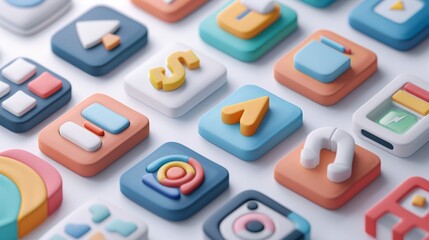 A bunch of 3D icons in pastel colors on a white background