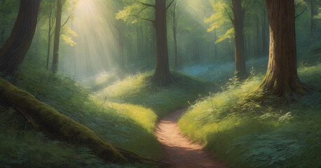 Beauty nature outdoors woodland morning with magic sun, fantasy paradise path for meditation