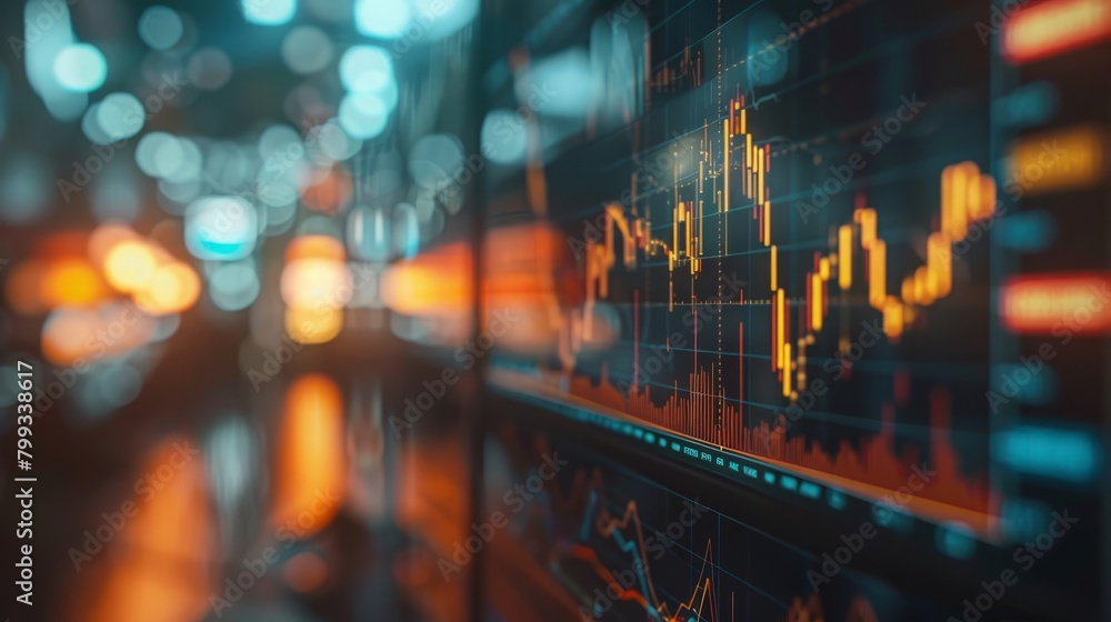 Poster a computer screen with a stock market chart in the foreground and a blurred cityscape in the backgro