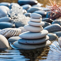 Zen stones stacked by a tranquil river