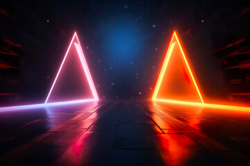Futuristic Neon Triangles in a Dark Hallway