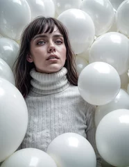 Fotobehang woman wearing a white turtle neck is surrounded by white balloons. © i-element