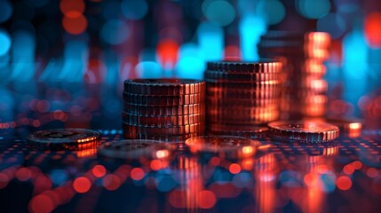 A digital composite image of a stack of copper coins with a glowing red and blue background. - Powered by Adobe