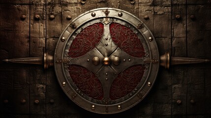 Ornate medieval shield on a rustic wooden background