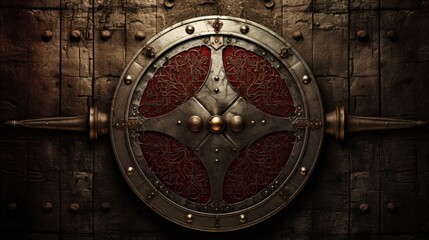 Fototapeta premium Ornate medieval shield on a rustic wooden background