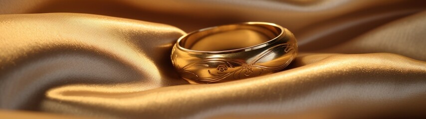 Elegant gold ring on a luxurious satin fabric